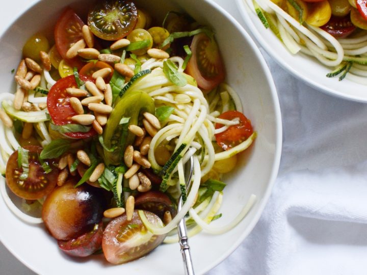 raw zucchini noodles with balsamic marinated tomatoes